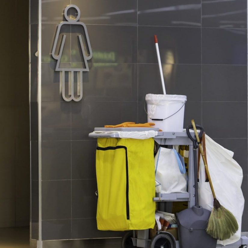 janitorial car preparing for cleaning in front of toilets.